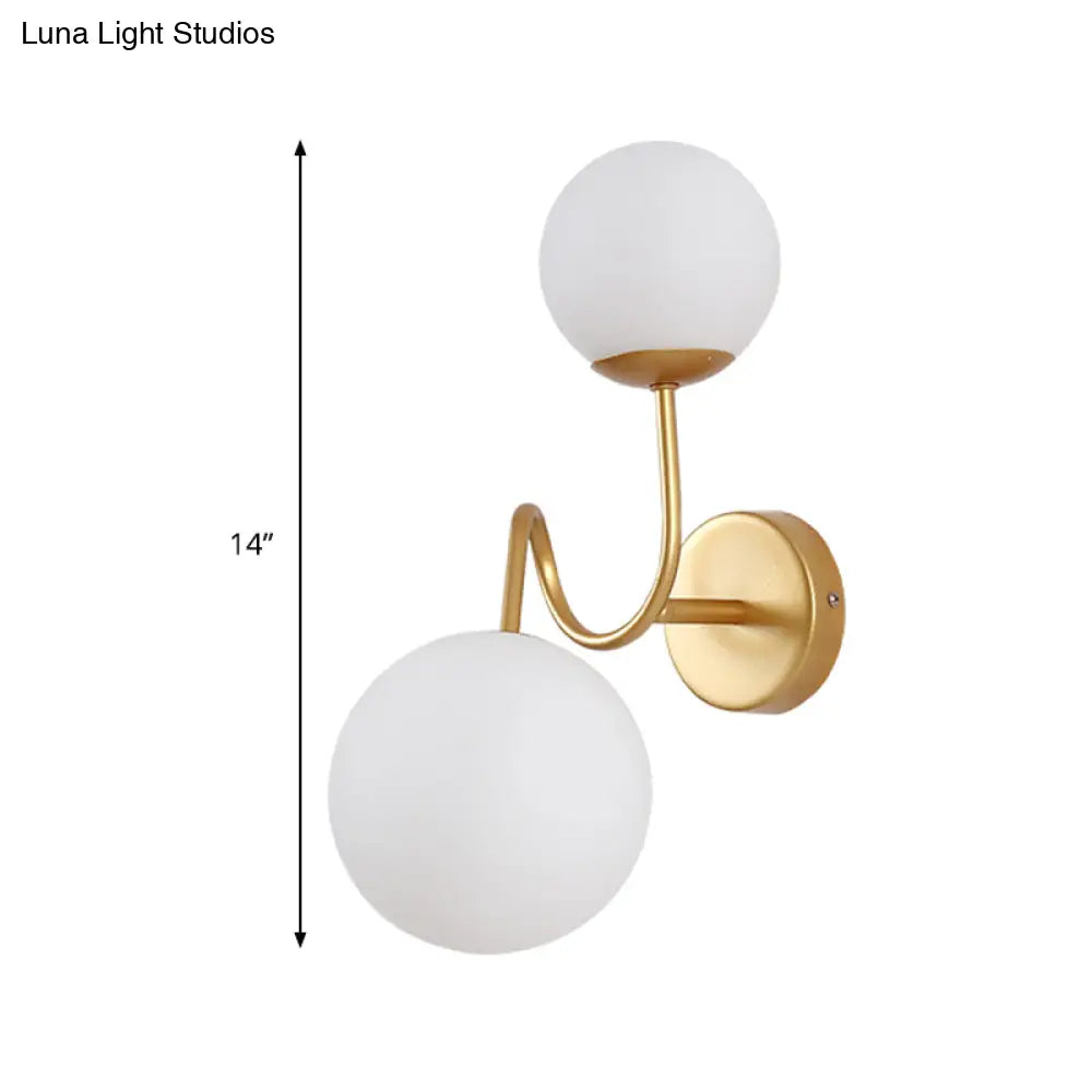 Contemporary Gold Metal Wall Sconce With Curved Arms 2 Heads And White Glass Shade