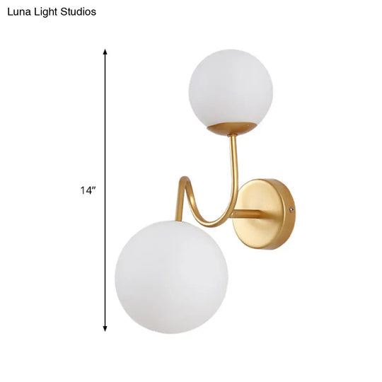 Contemporary Gold Metal Wall Sconce With Curved Arms 2 Heads And White Glass Shade