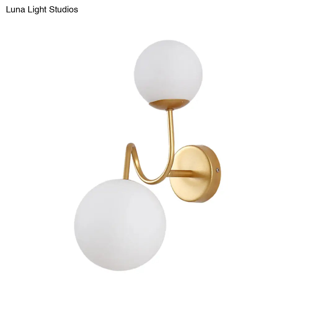 Contemporary Gold Metal Wall Sconce With Curved Arms 2 Heads And White Glass Shade