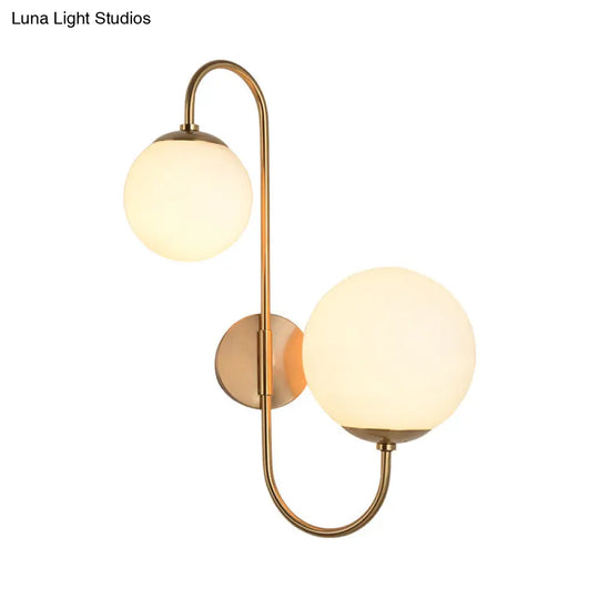 Contemporary Gold Metal Wall Sconce With Opal Glass Shade - 2 Bulb Arm Design