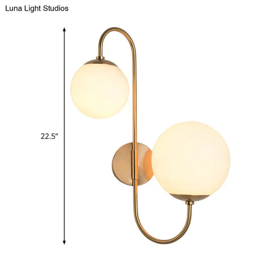 Contemporary Gold Metal Wall Sconce With Opal Glass Shade - 2 Bulb Arm Design