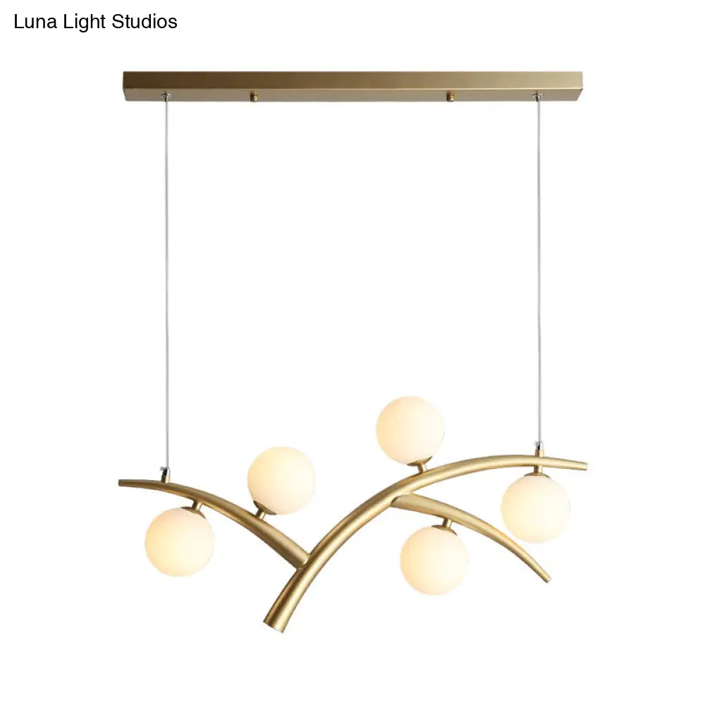 Contemporary Gold Orb Pendant Light Fixture - Branch Iron Chandelier With 5 Lights And White Glass