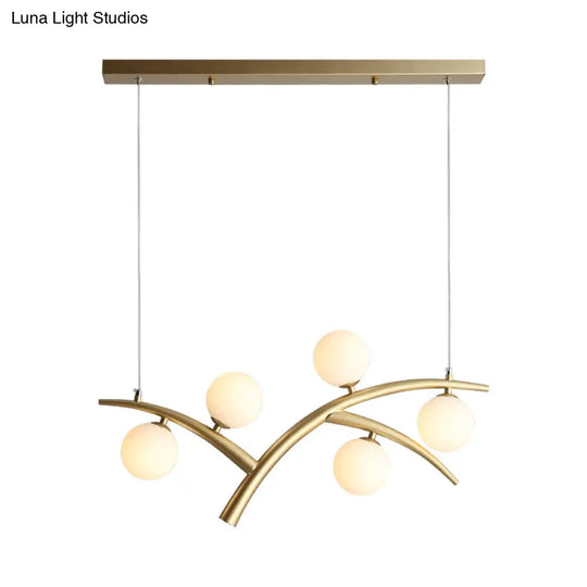 Contemporary Gold Orb Pendant Light Fixture - Branch Iron Chandelier With 5 Lights And White Glass