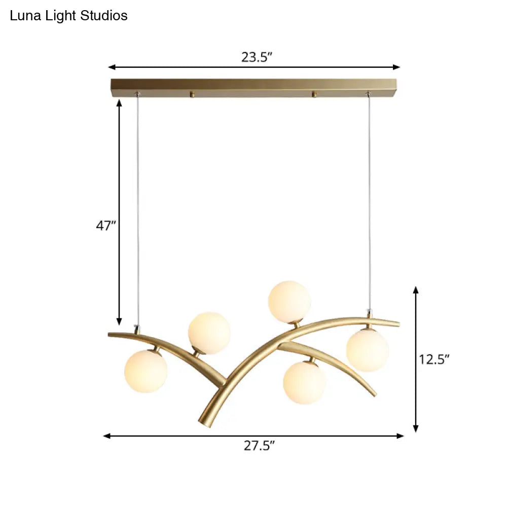 Contemporary Gold Orb Pendant Light Fixture - Branch Iron Chandelier With 5 Lights And White Glass