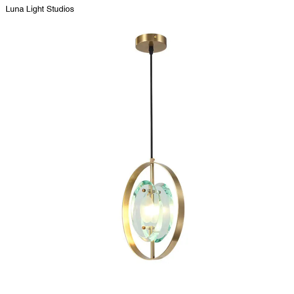 Contemporary Gold Oval Frame Pendant Ceiling Light With Crystal Shade - 1 Head Metal Fixture