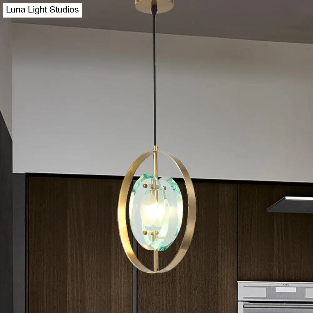 Contemporary Gold Oval Frame Pendant Ceiling Light With Crystal Shade - 1 Head Metal Fixture