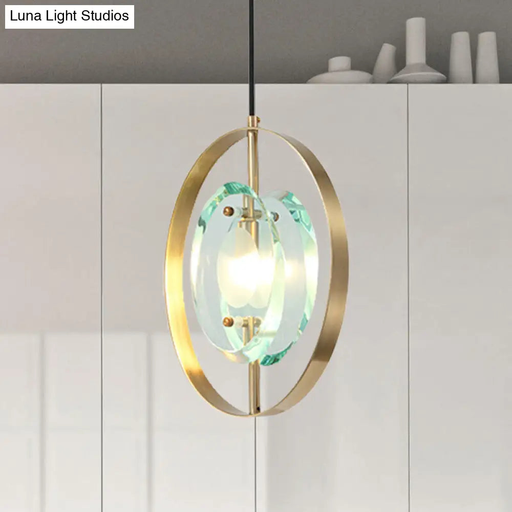 Contemporary Gold Oval Frame Pendant Ceiling Light With Crystal Shade - 1 Head Metal Fixture