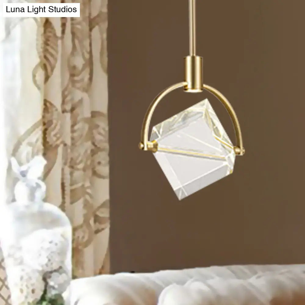 Contemporary Gold Pendant Ceiling Light For Bedroom - Clear Glass Cube Hanging Lamp Kit