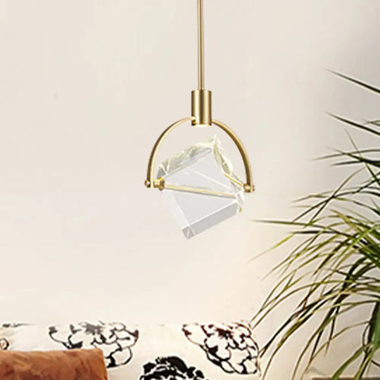 Contemporary Gold Pendant Ceiling Light For Bedroom - Clear Glass Cube Hanging Lamp Kit