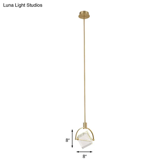 Contemporary Gold Pendant Ceiling Light For Bedroom - Clear Glass Cube Hanging Lamp Kit