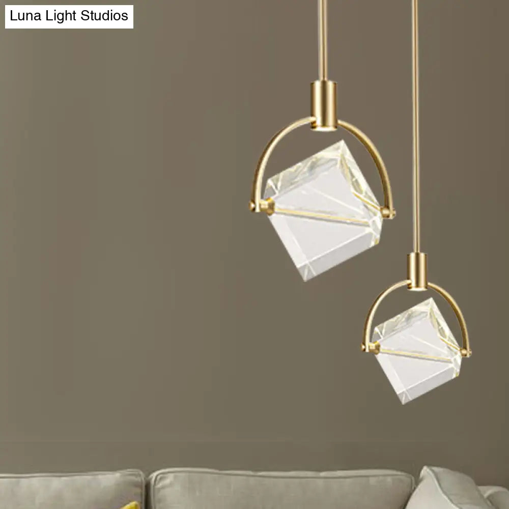 Contemporary Gold Pendant Ceiling Light For Bedroom - Clear Glass Cube Hanging Lamp Kit