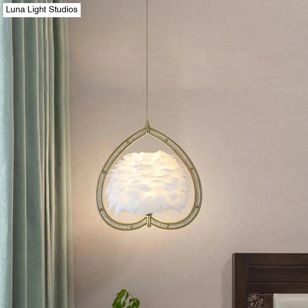 Contemporary Gold Pendant Light With Metallic Heart Suspension And Decorative Feather / White B