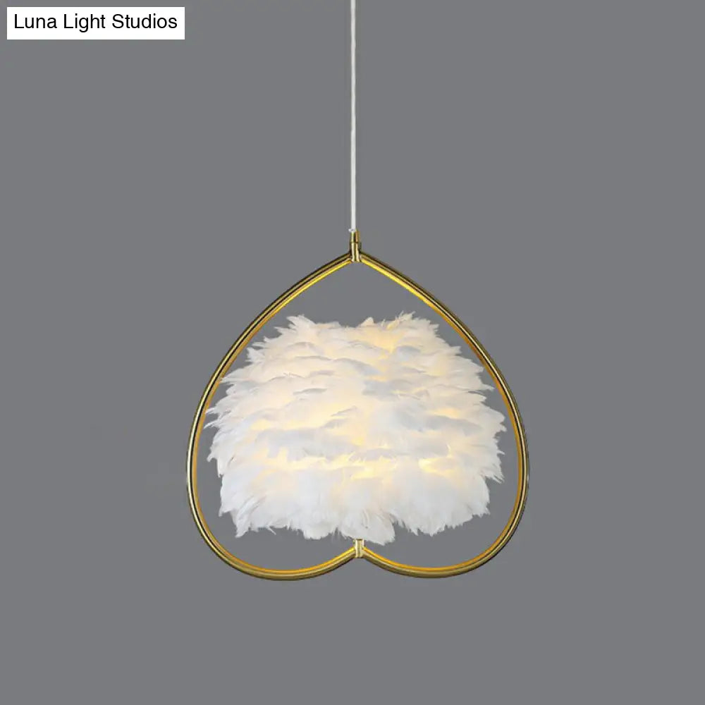 Contemporary Gold Pendant Light With Metallic Heart Suspension And Decorative Feather / White A