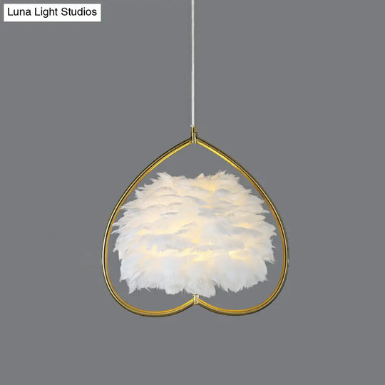 Contemporary Gold Pendant Light With Metallic Heart Suspension And Decorative Feather / White A