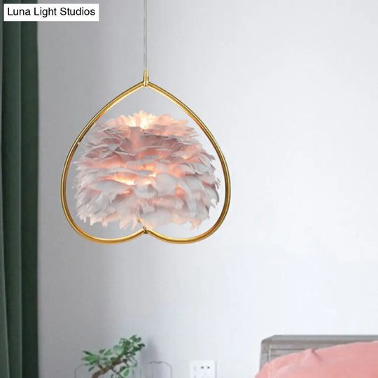 Contemporary Gold Pendant Light With Metallic Heart Suspension And Decorative Feather / Gray A