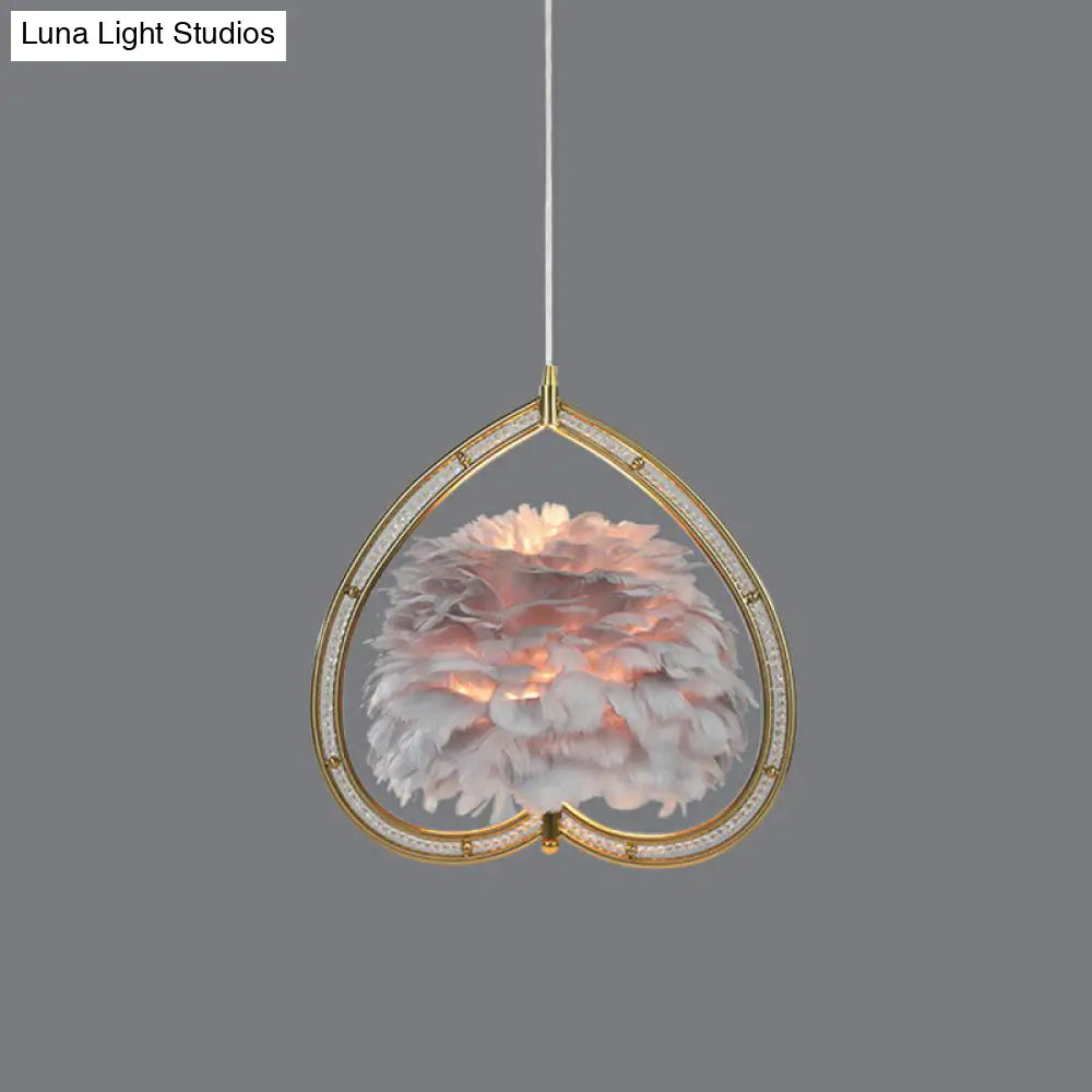 Contemporary Gold Pendant Light With Metallic Heart Suspension And Decorative Feather / Gray B