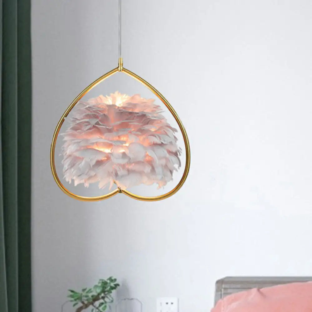 Contemporary Gold Pendant Ceiling Light With Metallic Heart Suspension And Feather Decoration /