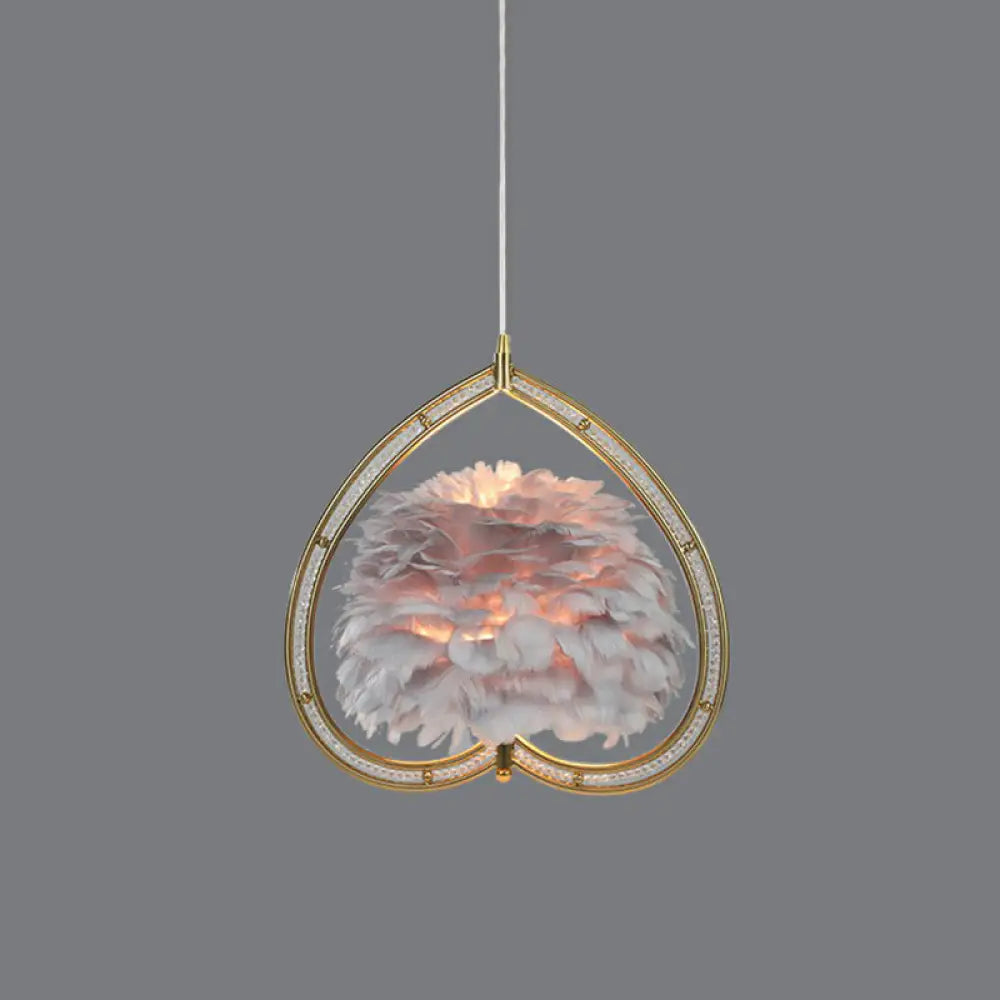 Contemporary Gold Pendant Ceiling Light With Metallic Heart Suspension And Feather Decoration /