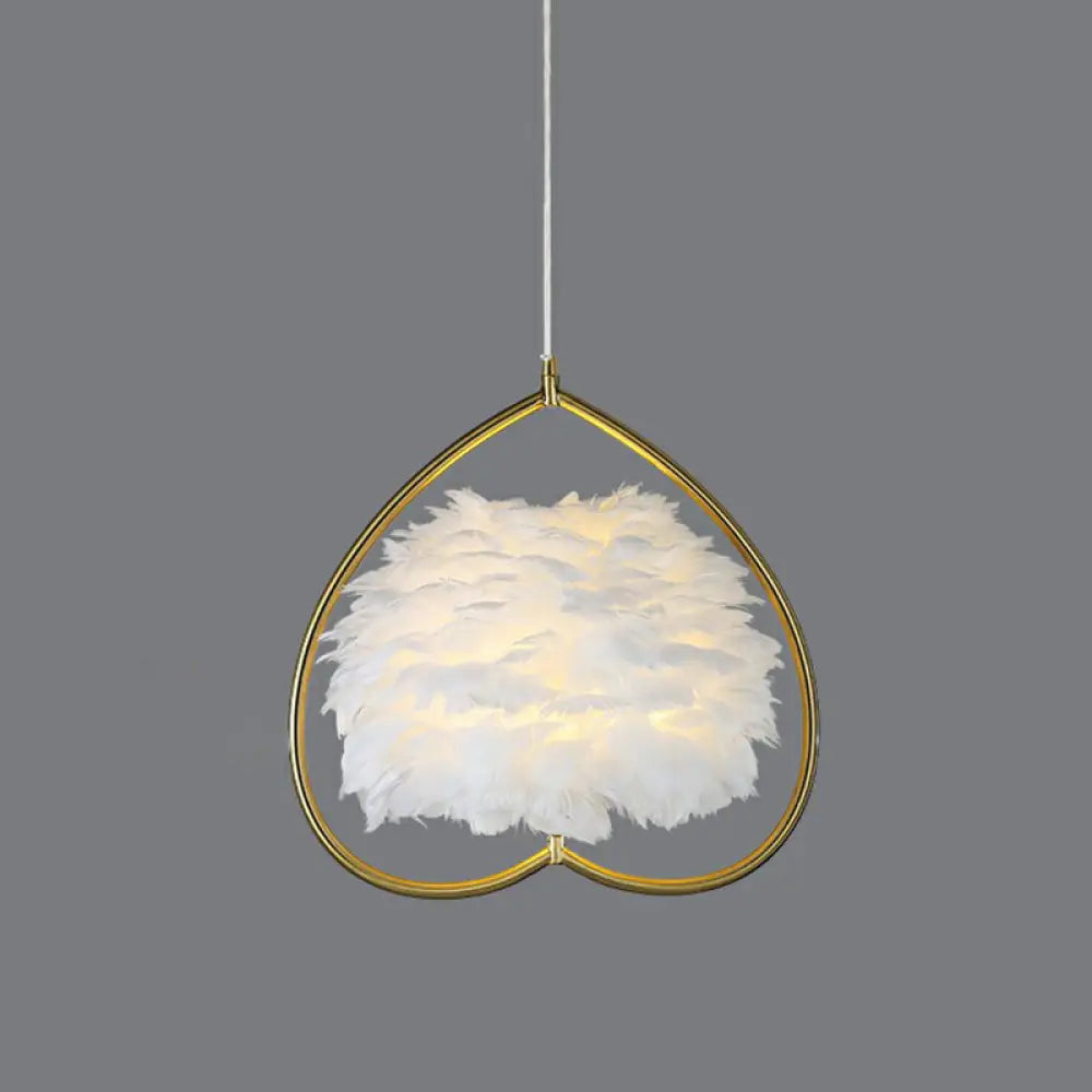 Contemporary Gold Pendant Ceiling Light With Metallic Heart Suspension And Feather Decoration /