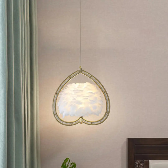 Contemporary Gold Pendant Ceiling Light With Metallic Heart Suspension And Feather Decoration /