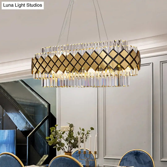 Contemporary Gold Pendant - Crystal Block Oval Island Light With 16-Light Dining Room Illumination