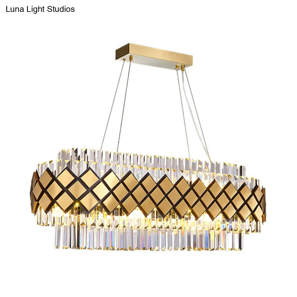 Contemporary Gold Pendant - Crystal Block Oval Island Light With 16-Light Dining Room Illumination