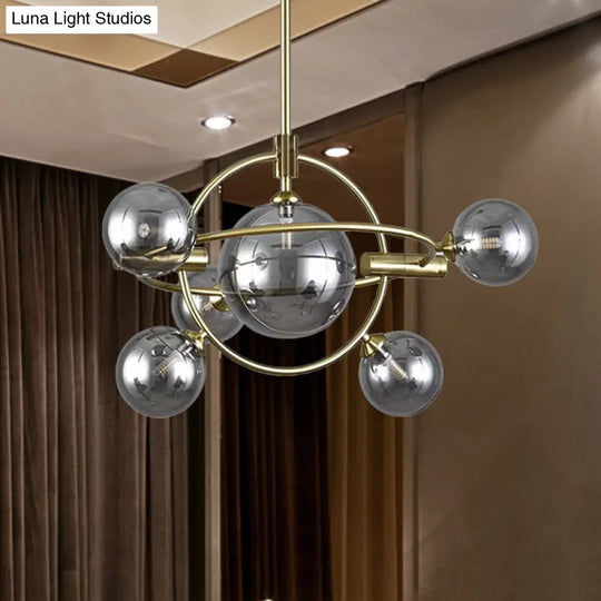 Contemporary Gold Pendant Light With Amber/Clear/Smoke Glass Sphere Shade - Living Room Chandelier