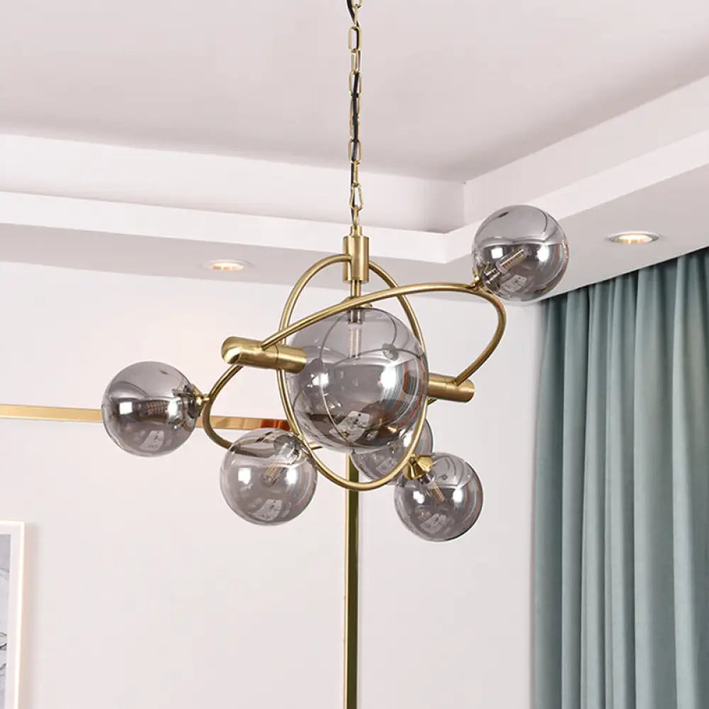 Contemporary Gold Pendant Light With Amber/Clear/Smoke Glass Sphere Shade - Living Room Chandelier 6