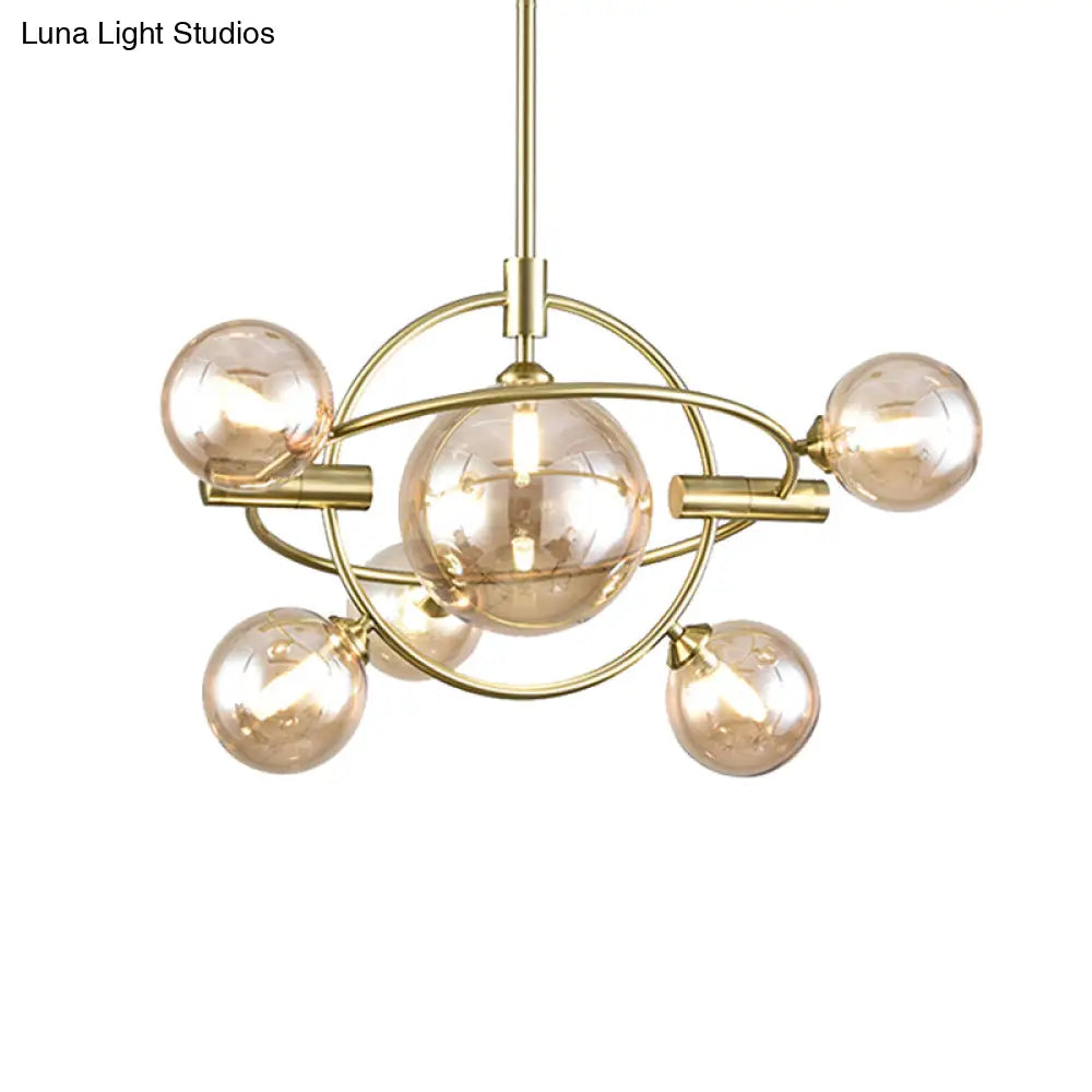 Contemporary Gold Pendant Light With Amber/Clear/Smoke Glass Sphere Shade - Living Room Chandelier