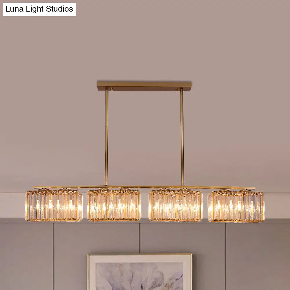 Contemporary Gold Pendant Lighting For Dining Room - Metal Linear Island Lamp With Clear Cuboid