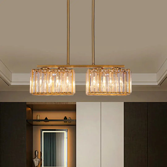 Contemporary Gold Pendant Lighting For Dining Room - Metal Linear Island Lamp With Clear Cuboid