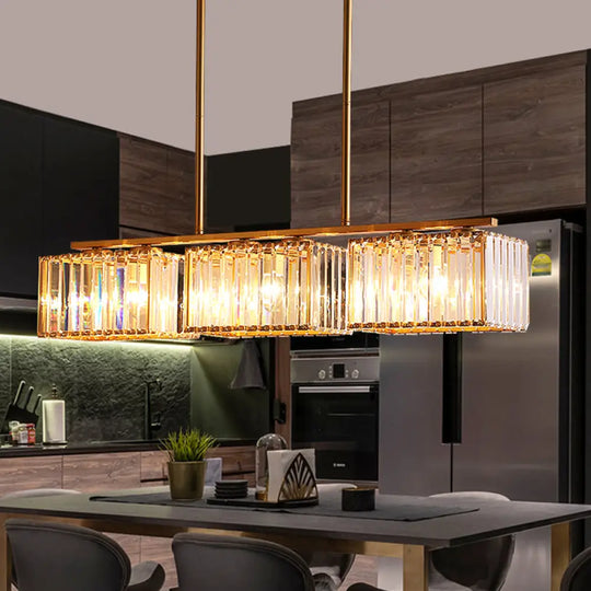 Contemporary Gold Pendant Lighting For Dining Room - Metal Linear Island Lamp With Clear Cuboid