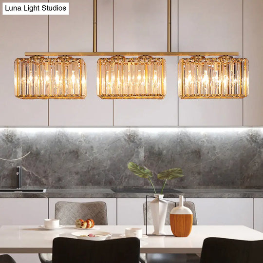 Contemporary Gold Pendant Lighting For Dining Room - Metal Linear Island Lamp With Clear Cuboid