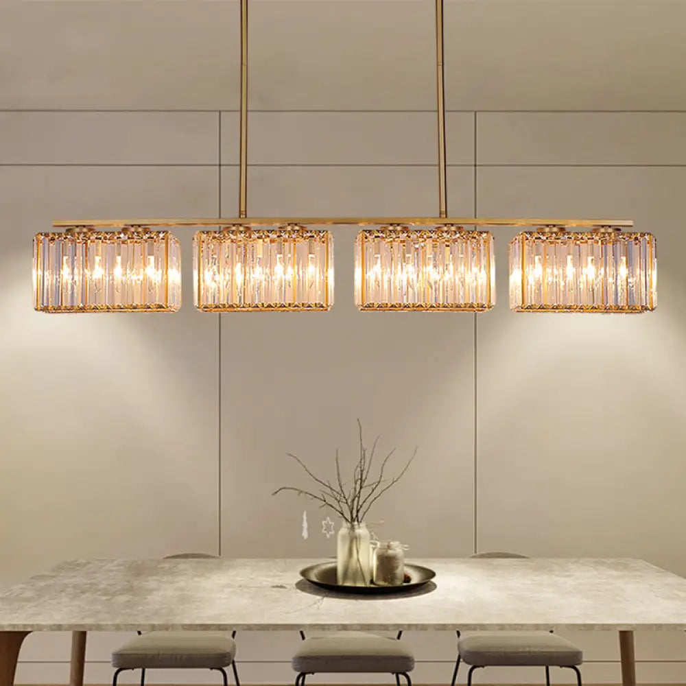 Contemporary Gold Pendant Lighting For Dining Room - Metal Linear Island Lamp With Clear Cuboid