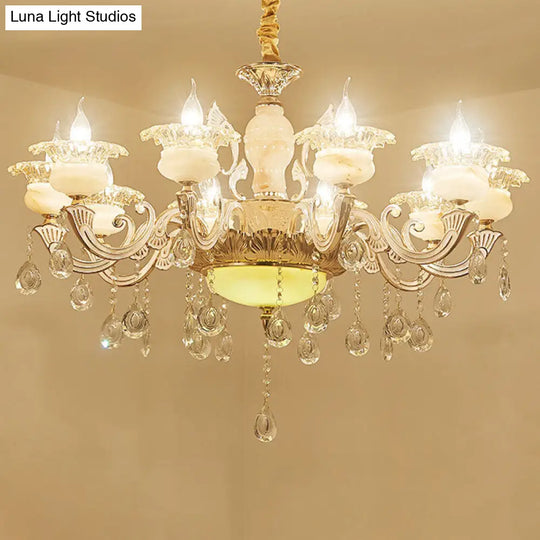 Contemporary Gold Petal Chandelier With Jade Suspension & Crystal Draping