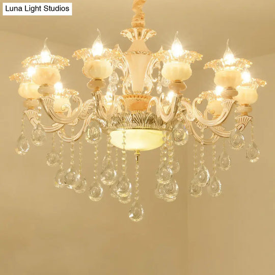 Contemporary Gold Petal Chandelier With Jade Suspension & Crystal Draping 10 /