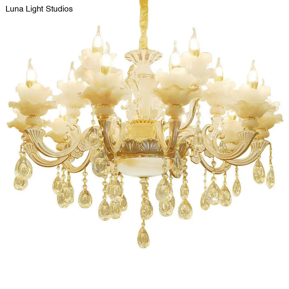 Contemporary Gold Petal Chandelier Lamp With Crystal Draping