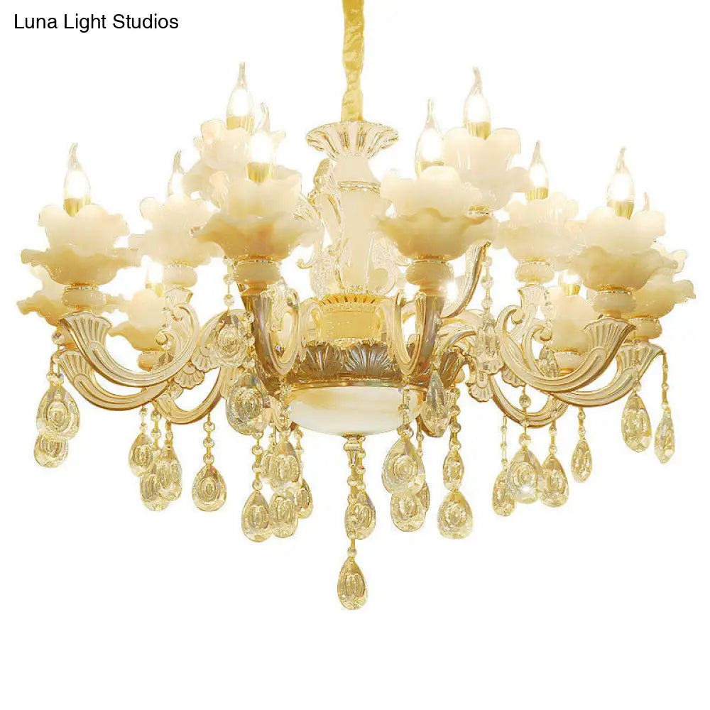 Contemporary Gold Petal Chandelier With Jade Suspension & Crystal Draping