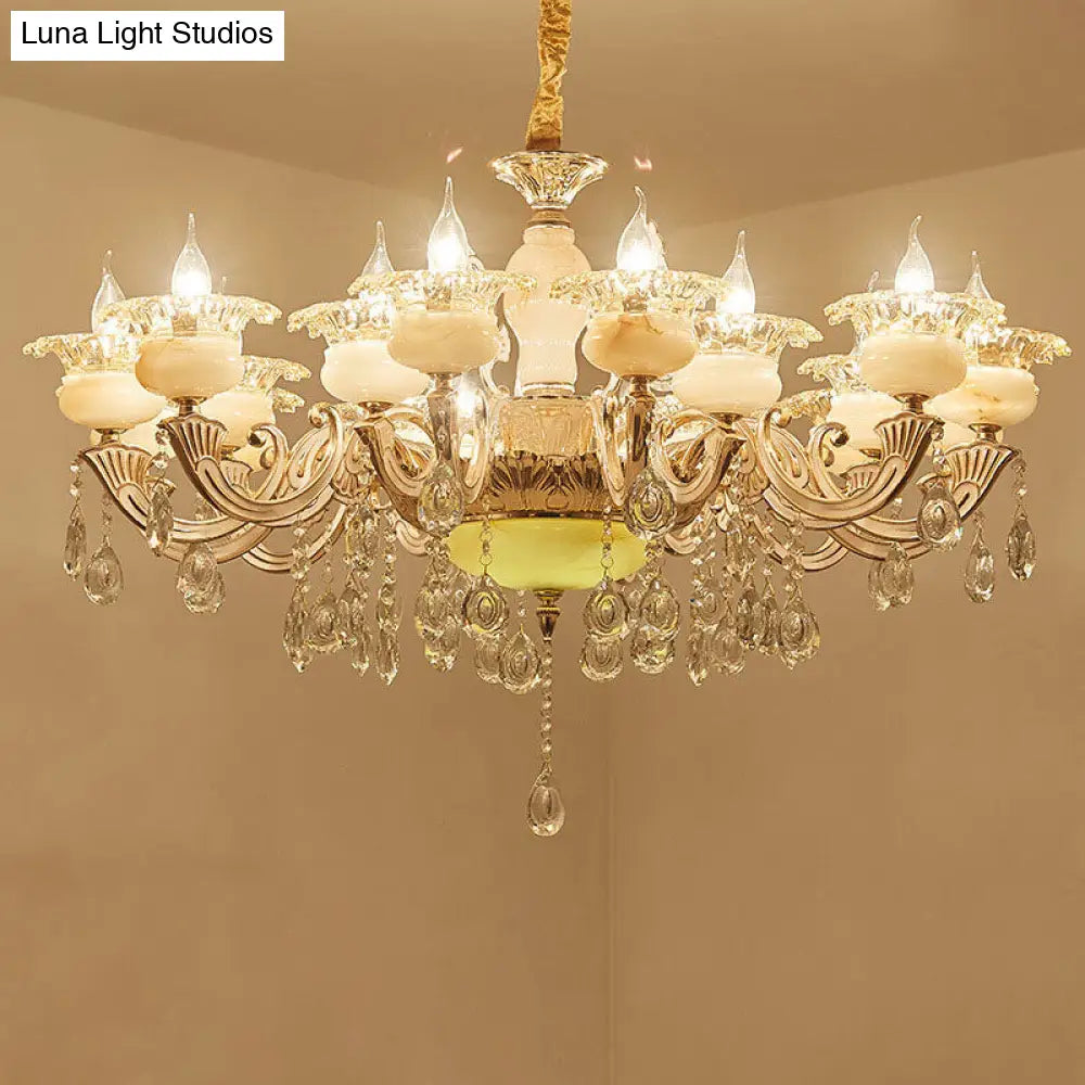 Contemporary Gold Petal Chandelier With Jade Suspension & Crystal Draping 18 /