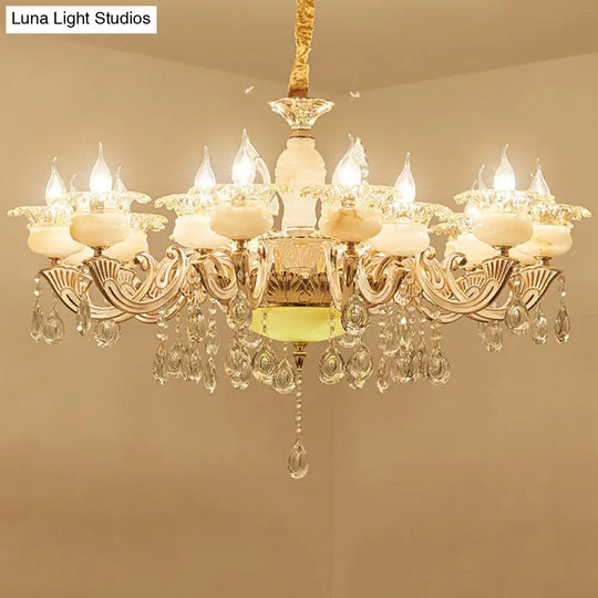 Contemporary Gold Petal Chandelier With Jade Suspension & Crystal Draping