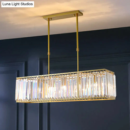 Contemporary Gold Rectangular Island Pendant Light With Tri-Prism Crystal Accents - 3 Bulbs Dining