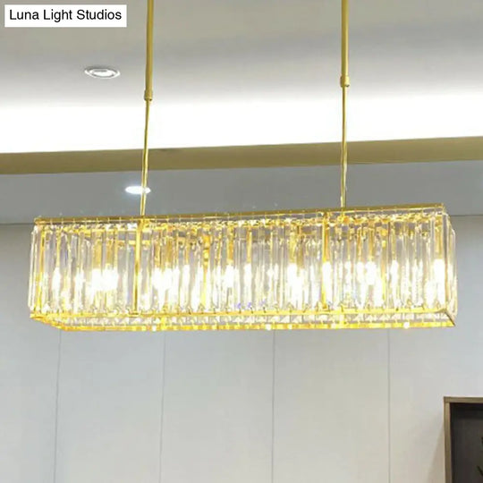 Contemporary Gold Rectangular Island Pendant Light With Tri-Prism Crystal Accents - 3 Bulbs Dining