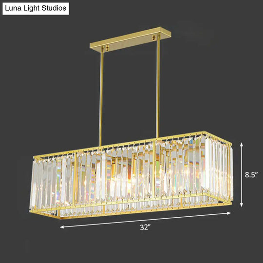 Contemporary Gold Rectangular Island Pendant Light With Tri-Prism Crystal Accents - 3 Bulbs Dining