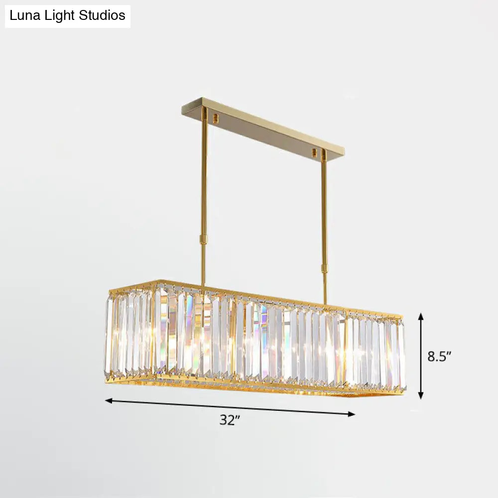 Contemporary Gold Rectangular Island Pendant Light With Tri-Prism Crystal Accents - 3 Bulbs Dining