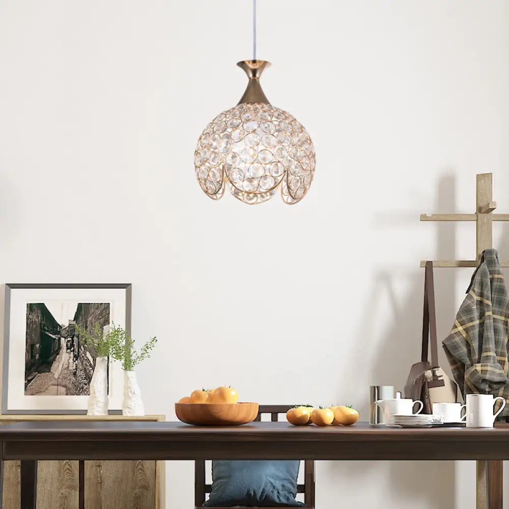 Contemporary Gold Ruffled Edge Crystal Pendant Lamp - 1 Light Dome Suspension Clear Various Sizes /