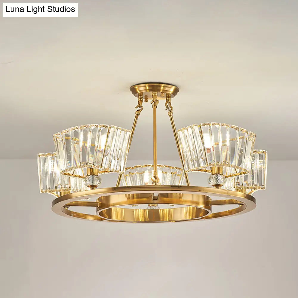 Contemporary Gold Semi Flush Ceiling Fixture With Clear Glass Shade - 5 Bulbs Ring Design