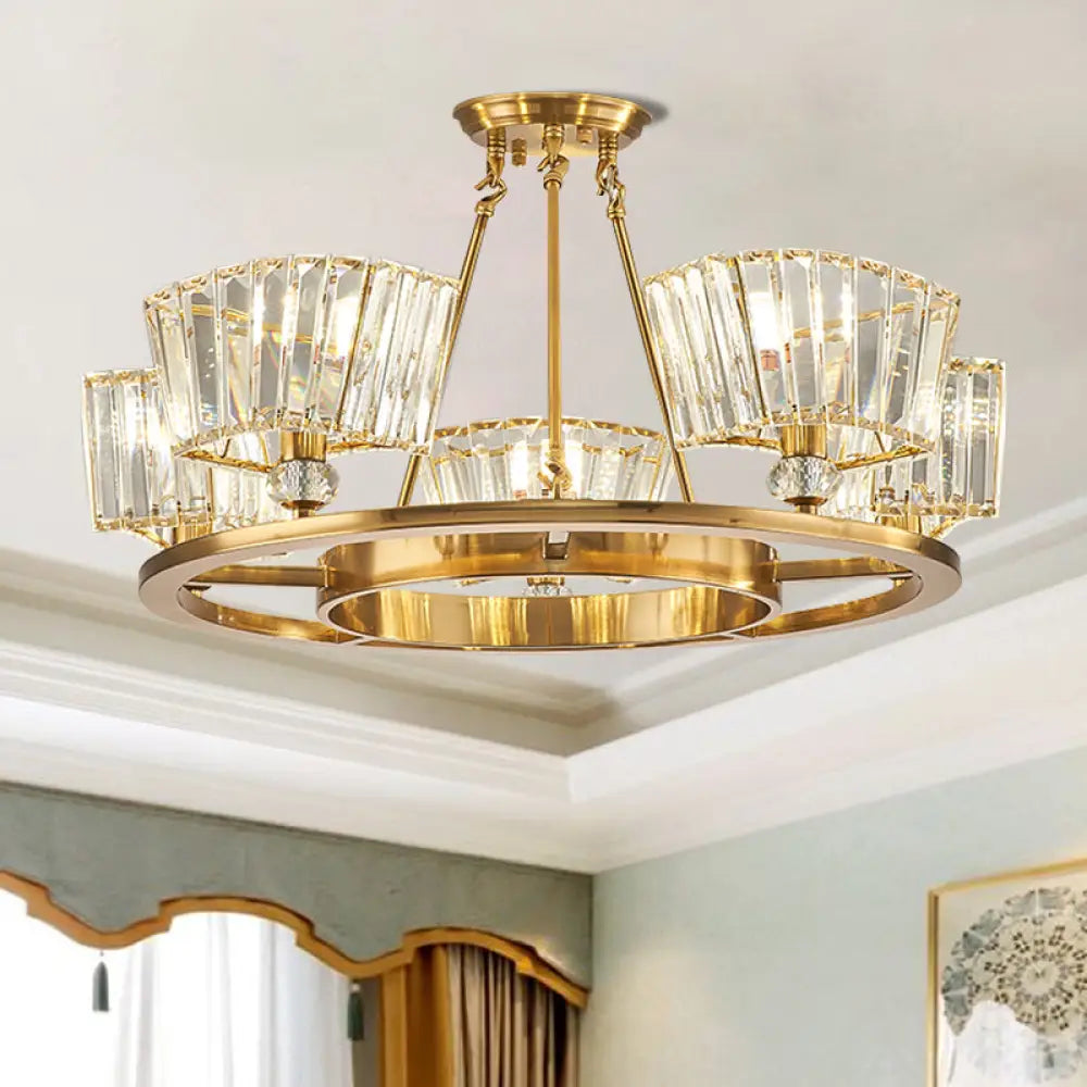 Contemporary Gold Semi Flush Ceiling Fixture With Clear Glass Shade - 5 Bulbs Ring Design