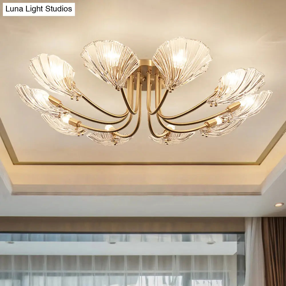 Contemporary Gold Semi Flush Mount Ceiling Light With Clear Crystal Scallop Shape