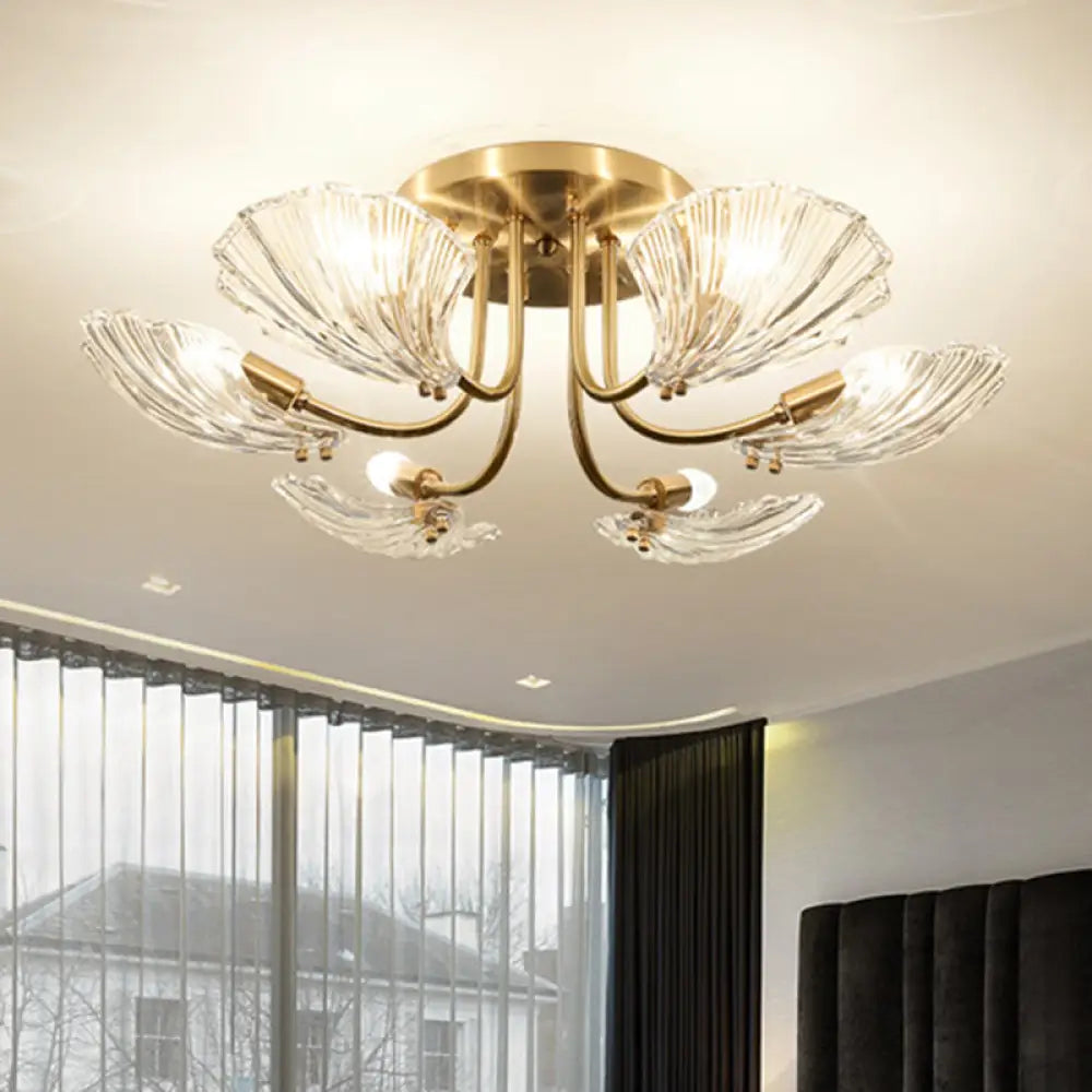 Contemporary Gold Semi Flush Mount Ceiling Light With Clear Crystal Scallop Shape 6 /