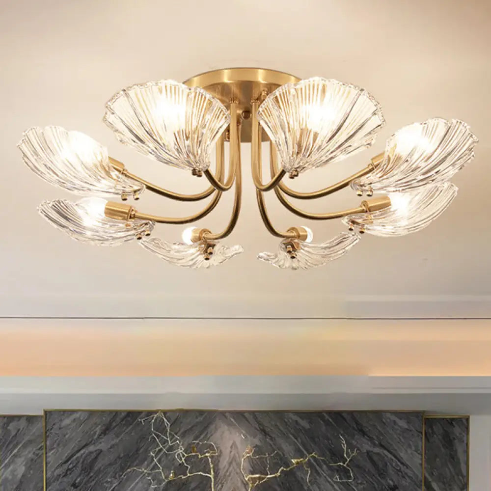 Contemporary Gold Semi Flush Mount Ceiling Light With Clear Crystal Scallop Shape 8 /